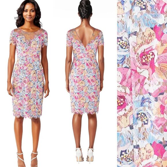New! Rene Ruiz Pink Floral Illusion Neckline Lace Cocktail Dress 37229